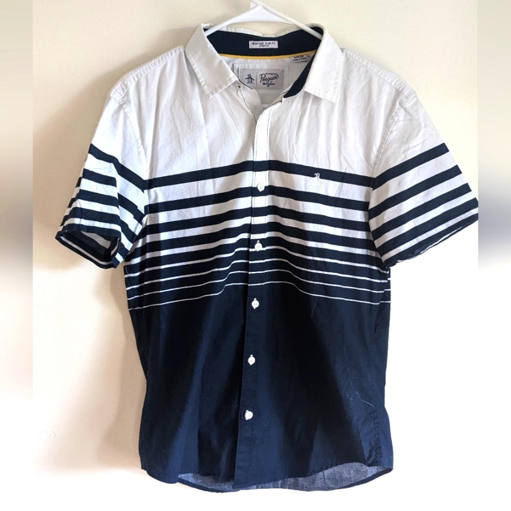 Original Penguin slim fit blue & white stripe slim fit shirt size S